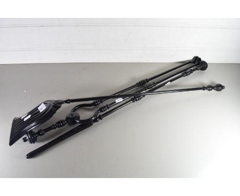 THREE PIECE IRON FIRE TOOL SET COMPRISING POKER, TONGS AND SHOVEL