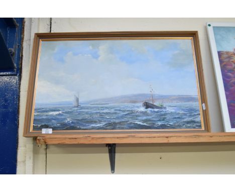 CHRIS HAGUE, SEASCAPE WITH BOATS, OIL ON BOARD, 69CM WIDE