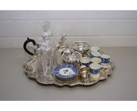 SILVER PLATED TRAY CONTAINING SILVER PLATED TEA SET, CRUET, QTY OF AYNSLEY COFFEE CANS AND SAUCERS AND A CUT GLASS DECANTER