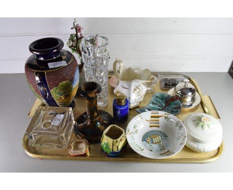 TRAY OF MIXED WARES TO INCLUDE MID-CENTURY ART GLASS VASE, DECORATED PLATES, JAPANESE SATSUMA VASE, TREACLE GLAZE CANDLESTICK