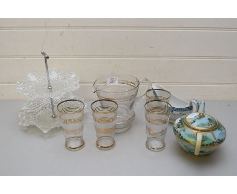 EARLY 20TH CENTURY CLEAR AND GILT DECORATED GLASS DRESSING TABLE SET TOGETHER WITH CAKE STAND, TEA POT AND A GRAVY BOAT