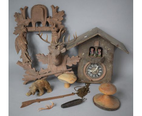 A Vintage Black Forest Cuckoo Clock For Restoration Together with Carved Wooden Bear, Mushrooms etc 