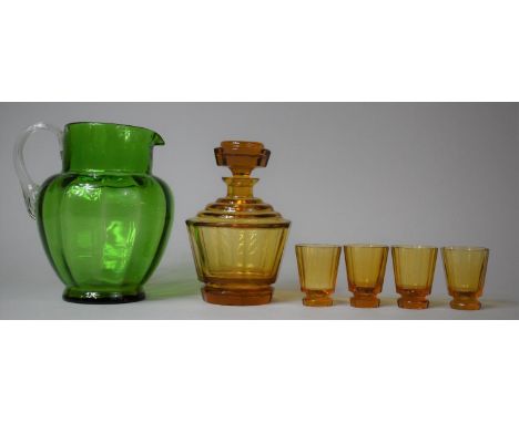 An Amber Glass Decanter and Tot Set Together with a Green Glass Jug 