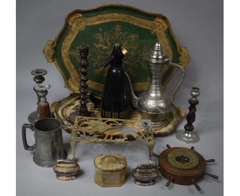 A Collection of Various Sundries to Include Vintage BOC Soda Siphon, Islamic Metal Coffee Pot, Decorated Trays, Various Candl