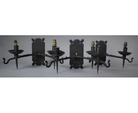 A Set of Three Vintage Wrought Iron Two Branch Wall Light Fittings 
