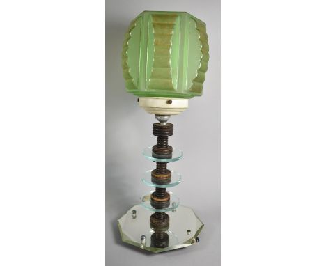 An Unusual Turned Wooden and Glass Art Deco Table Lamp with Octagonal Mirror Base and Green Glass Shade, 42cm high 