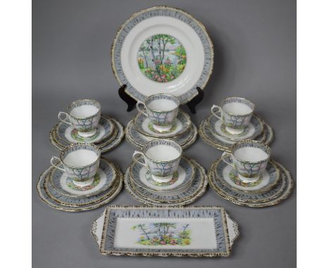 A Royal Alert Silver Birch Pattern Teaset to Comprise Six Cups, Seven Saucers, Six Side Plates, Six Plate, Rectangular Tray a