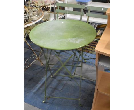 Two Folding Garden Chairs, Both with Rust Together with a Later Modern Circular Topped Folding Table, 60cm Diameter 