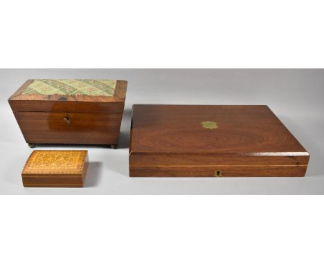 A Sarcophagus Tea Caddy Box and an Edwardian Canteen Box, Both for Restoration Together with a Small Inlaid Dome Topped Box 