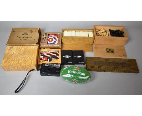 A Vintage Chess Set, Set of Draught Pieces, Cased Set of Vintage Six Spot Doors, Cribbage Board, Camera etc 