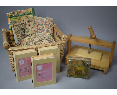 A Collection of Various Items to Include Wicker Basket, Wooden Boxes, Two Presses and Vintage Paper 