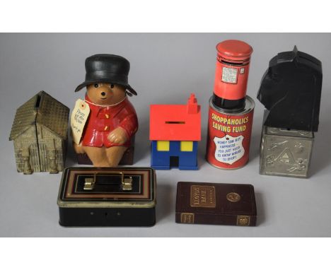 A Collection of Various Vintage Money Boxes to Include Noddy's House, Paddington Bear, Alphabet Cube, Post Box etc 