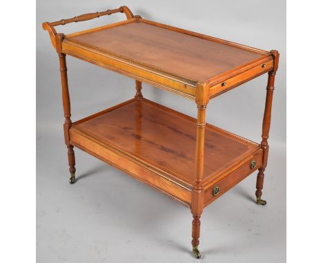 A Mid 20th Century Two Tier String Inlaid Trolley with Pull Out Top Slide Having Tooled Leather Surface and Single to Base Sh