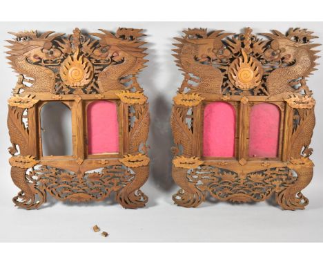 A Pair of Early 20th Century Carved Wooden Chinese Double Photoframes, Both Decorated with Dragons Chasing Flaming Pearl, 46x