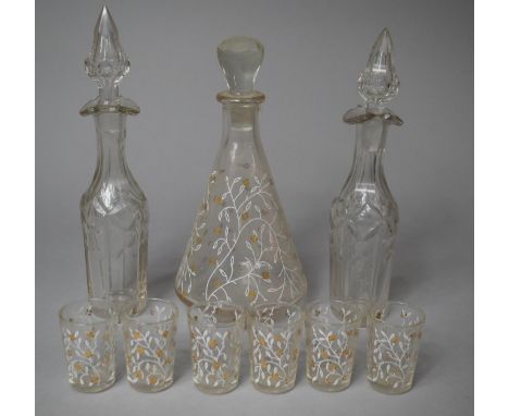 Two Glass Scent Bottles with Stoppers Together with a Decorated Decanter and Six Tot Set 