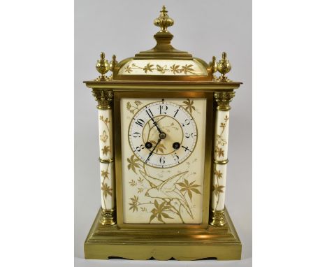 A French Ormolu and Gilt Decorated Porcelain Bracket Clock Decorated with Bamboo and Parrot to Front Panel, Vase Finials and 