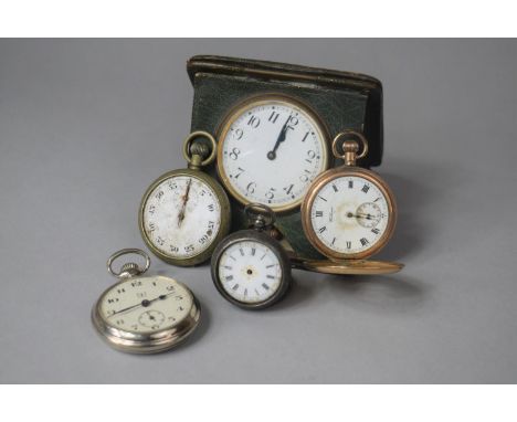 A Collection of Four Pocket Watches and One Travelling Clock, All In need of Attention to Include Gold Plated Waltham, Silver