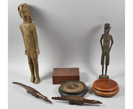 A Collection of Vintage Carved Wooden Tribal and Souvenir Figures and Ornaments Together with Two Oriental Stands and Wooden 
