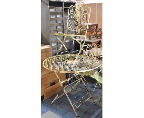 A Wrought Metal Three Piece Garden Patio Set Comprising Folding Circular Table, 90cm Diameter and Two Folding Chairs, All Hav