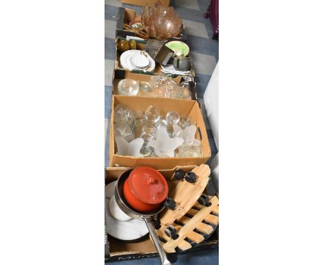 Five Boxes of Sundries to Include Glasswares, Kitchenwares, Ceramics, Light Shades, Cribbage Board etc 