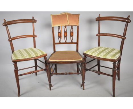 A Pretty Edwardian Inlaid Mahogany Ladies Bedroom Chair Together with Three Ladder Back Examples 