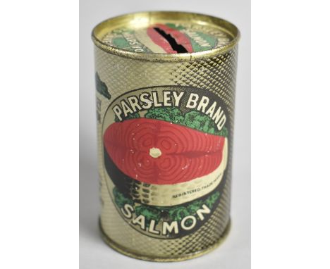 A Small Vintage Tin Can Money Box for Paisley Brand Salmon, "Helps You to Save Money", 8.5cm high 