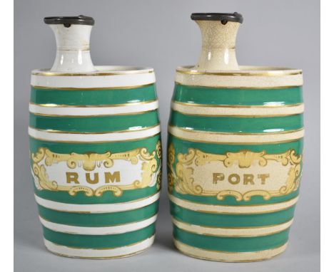 A Pair of Ceramic Oval Barrel Shaped Decanters for Rum and Port with Pewter Hinged Lids, 22cm high 