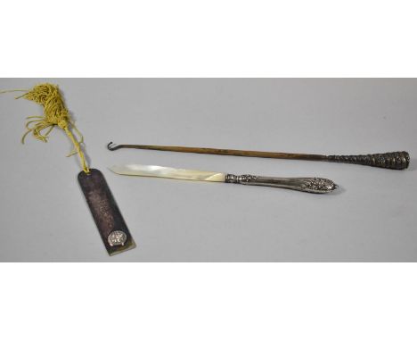 A Long Handled Silver Mounted Button Hook, Mother of Pearl Letter Opener and Silver Bookmark 