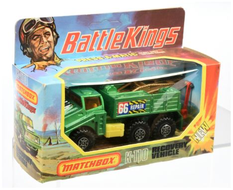 Matchbox Battle Kings K110 Recovery Vehicle - metallic emerald green body with number 66 labels, metallic gold jib with twin 