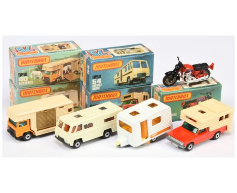Matchbox Superfast group including Leisure Vehicles (1) 18b Honarora Motorcycle - dark red with Honda label (2) 31c Caravan -