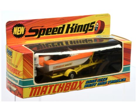 Matchbox Speed Kings K25 Seaburst Power Boat &amp; Trailer - plastic boat has orange deck, clear windscreen, black interior w