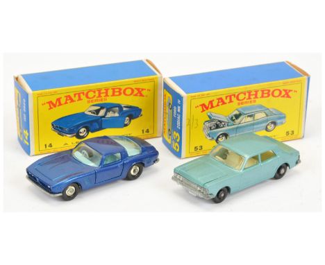 Matchbox Regular Wheels pair of late 1960's Cars. (1) 14d Iso Grifo - metallic dark blue body, light blue interior, bare meta