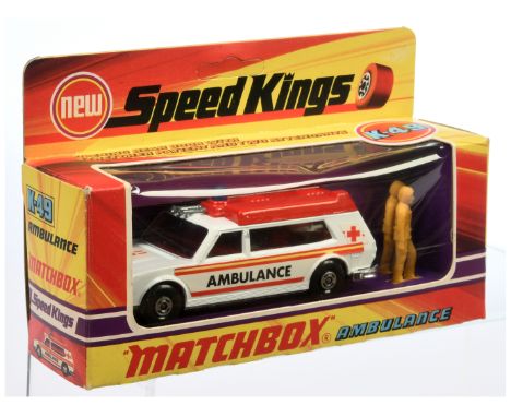 Matchbox Speed Kings K49 Ambulance - white, red roof with blue light, smoke tinted windows, red interior with patient on stre
