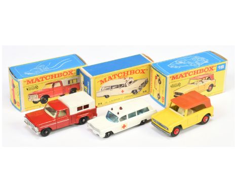 Matchbox Regular Wheels group of models (1) 6d Ford Pick-up Truck with chrome grille; (2) 18e Field car -cast open roof cross