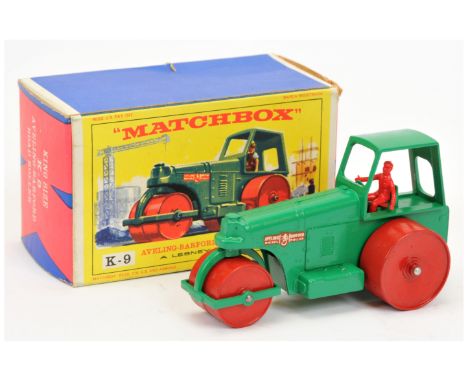 Matchbox King Size K9 Aveling Barford Diesel Road Roller - green body with Pegasus decals, red plastic driver, red metal roll