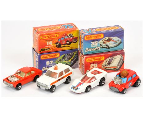 Matchbox Superfast group of early to mid 1970's issue Cars. (1) 14b Mini Ha-Ha with flesh driver; (2) 20b Range Rover Police 