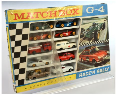 Matchbox Regular Wheels G4 Race'N Rally Gift Set containing (1) 3c Mercedes Benz Binz Ambulance - red cross door labels, pale
