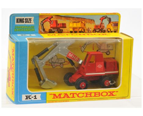 Matchbox King Size K1 O&amp;K Excavator - red with dark amber windows - Near Mint with slight discolour to labels in Excellen