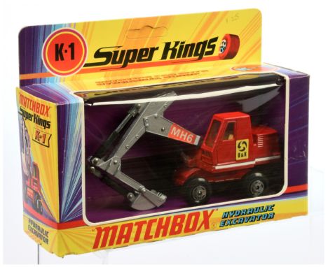 Matchbox King Size K1 O&amp;K Excavator - red with dark amber windows - Near Mint with slight discolour to labels in Excellen
