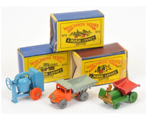 Matchbox Regular Wheels group of Construction vehicles. (1) 2a Muir Hill Site Dumper - green body with gold trim, tan driver,
