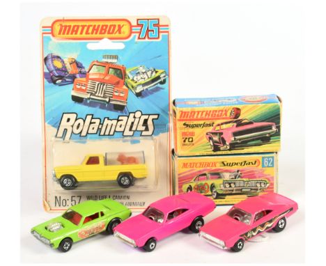 Matchbox Superfast group including Dragsters (1) 57c Ford Wildlife Truck - yellow body, red windows, smoke grey canopy, burnt