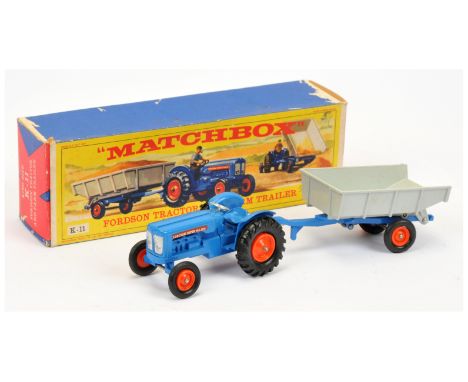 Matchbox King Size K11 Fordson Super Major Tractor &amp; Farm Tipping Trailer - blue tractor with bare metal steering wheel, 