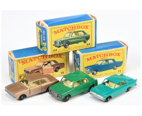 Matchbox Regular Wheels group of Cars (1) 25d Ford Cortina metallic light brown; (2) 33b Ford Zephyr, turquoise, black base a