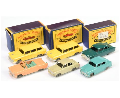 Matchbox Regular Wheels group of 1950's issue Cars to include 31a Ford Customline Station Wagon - yellow body with silver tri