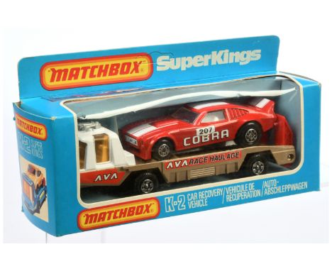 Matchbox Super Kings K2 Car Recovery Vehicle - light metallic gold body &amp; base with "AVA Race Haulage" labels, white cab,