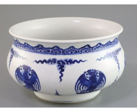 A Chinese blue and white censer, Kangxi period, of squat baluster form, painted with repaeting pheonix medallions and scrolli
