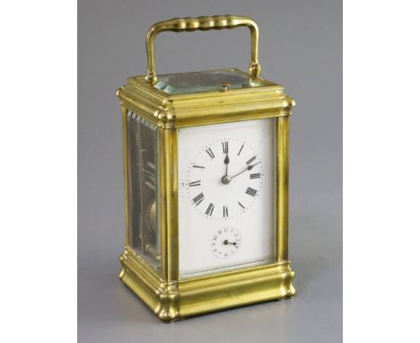 A late 19th century French ormolu quarter repeating carriage alarum clock, in gorge case, with enamelled dial and movement st