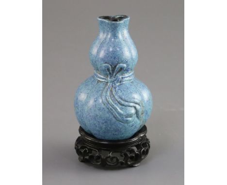 A Chinese robin's egg glazed double gourd joss stick holder, 18th/19th century, moulded with a tied ribbon, H. 8.4cm, restore