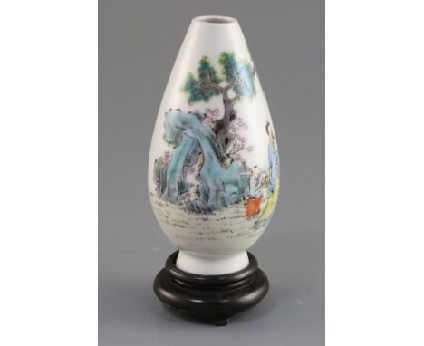 A Chinese famille rose oviform vase, Hongxian mark, Republic period, painted with a sage and boy and a crane in a rockwork ga