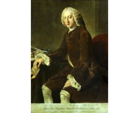 A late 18th century English reverse print on glass, Portrait of William Pitt Esq., and three engraved portraits of gentlemen,